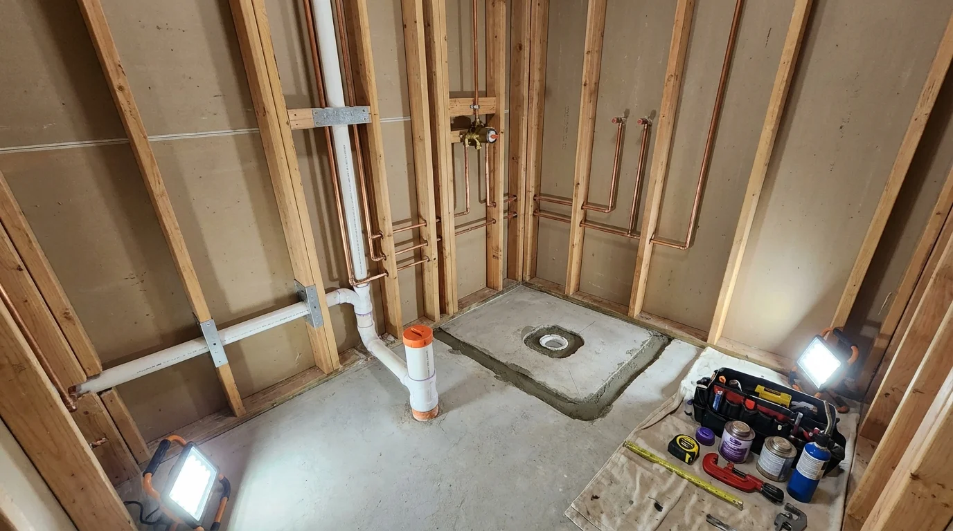 Bathroom rough-in plumbing during remodel by Johns Plumbing LLC in Pocasset