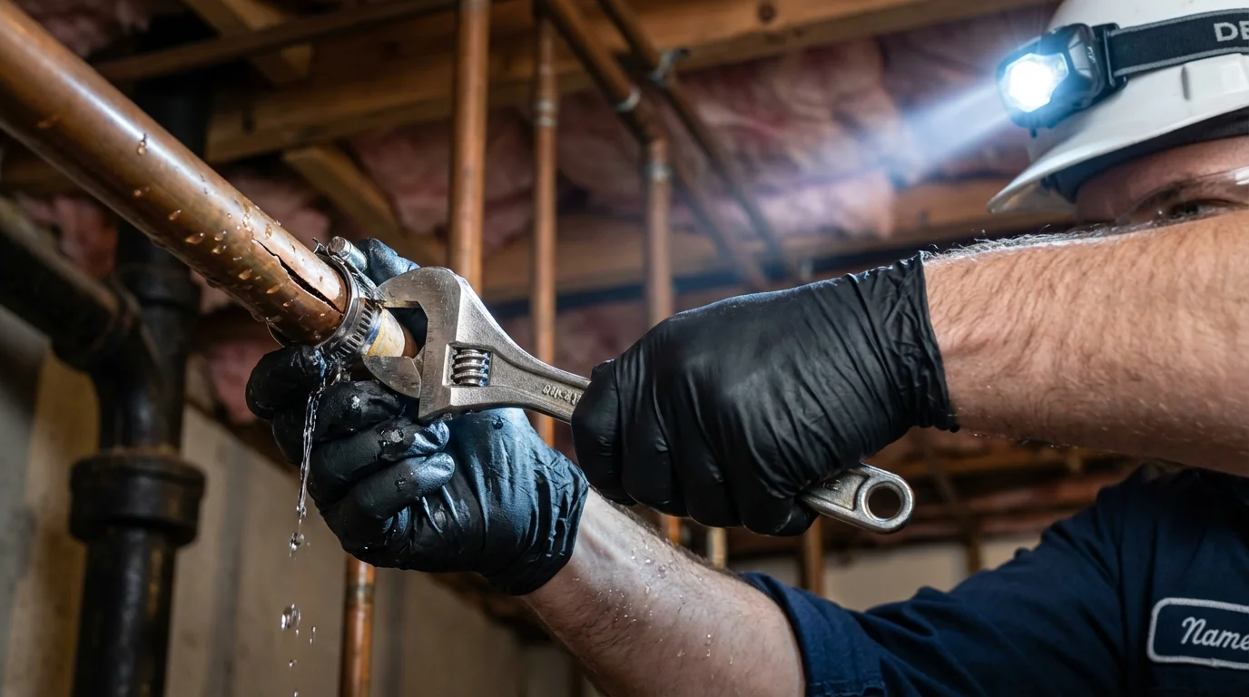 Emergency pipe clamp repair being performed by a Johns Plumbing LLC plumber in Pocasset