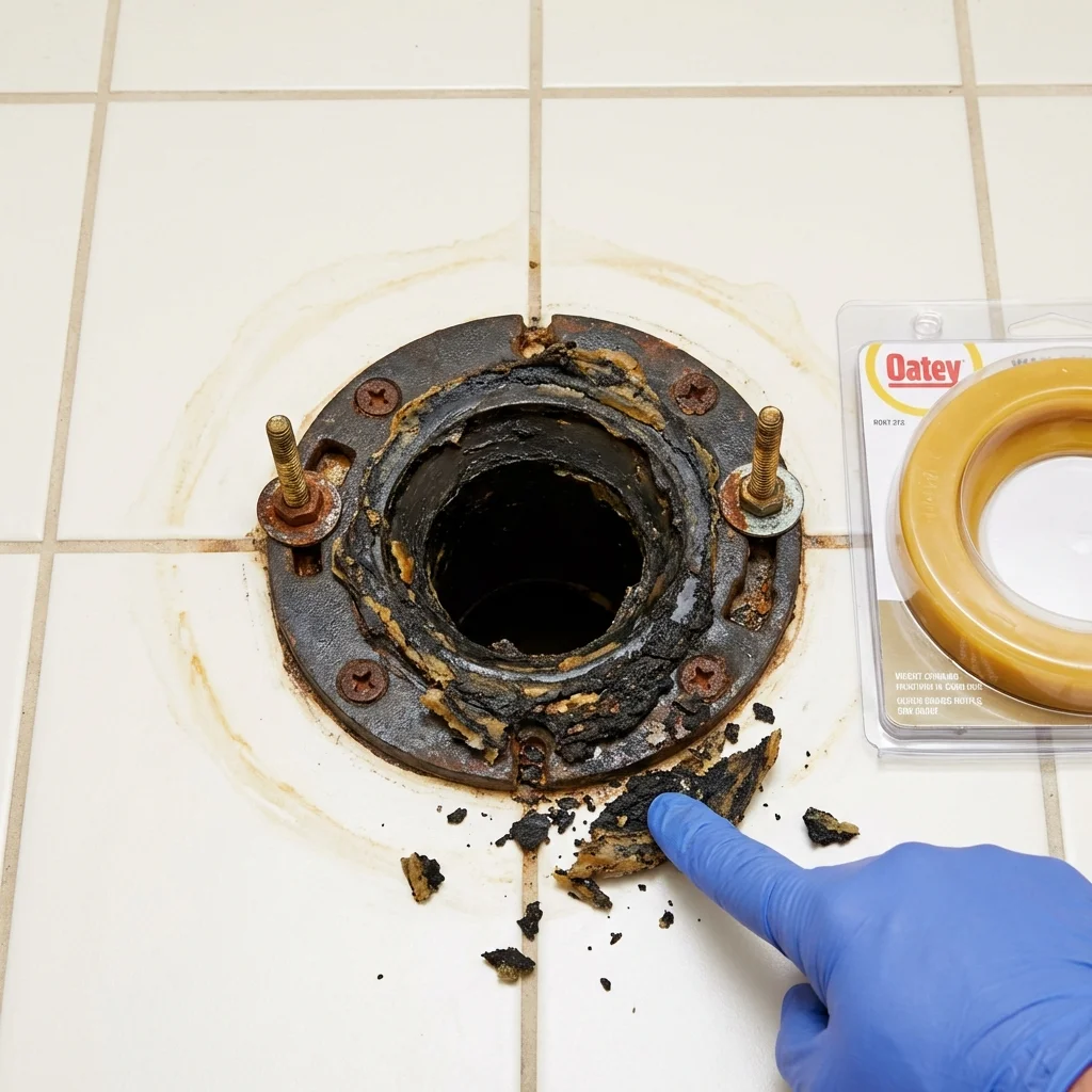 Failed wax ring showing water seepage at the base of a toilet in a Pocasset, MA home