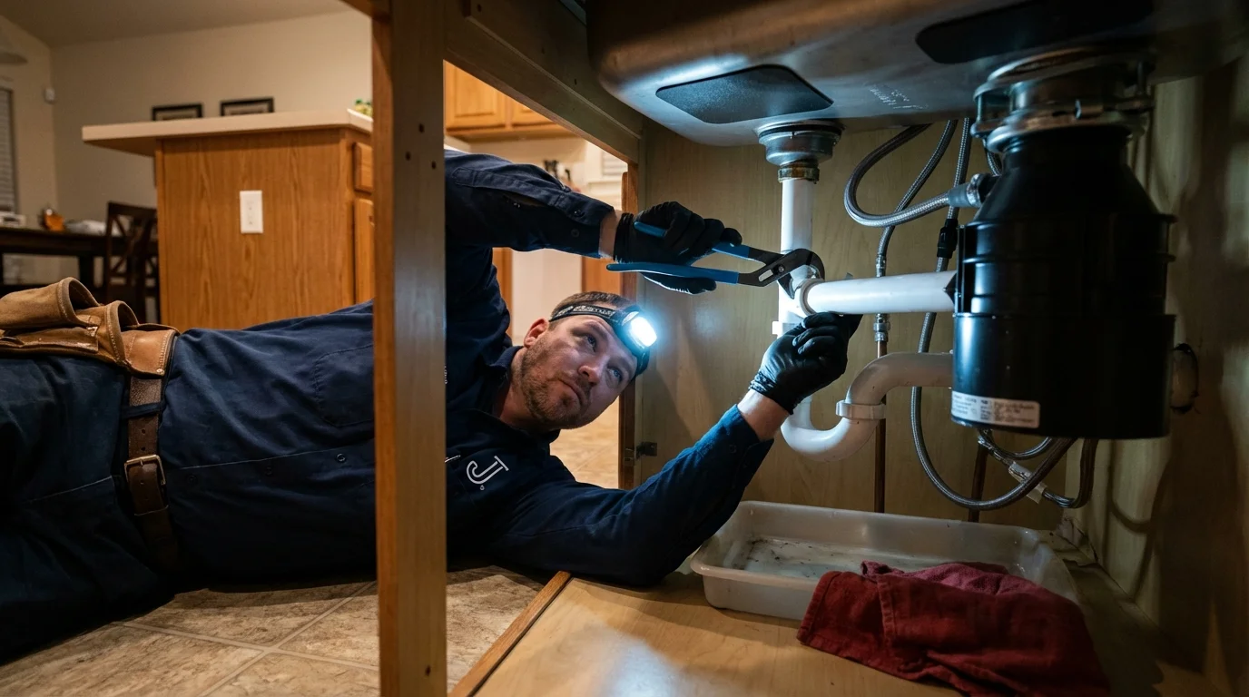 P-trap and supply line connections under a kitchen sink showing a common leak point in Pocasset, MA